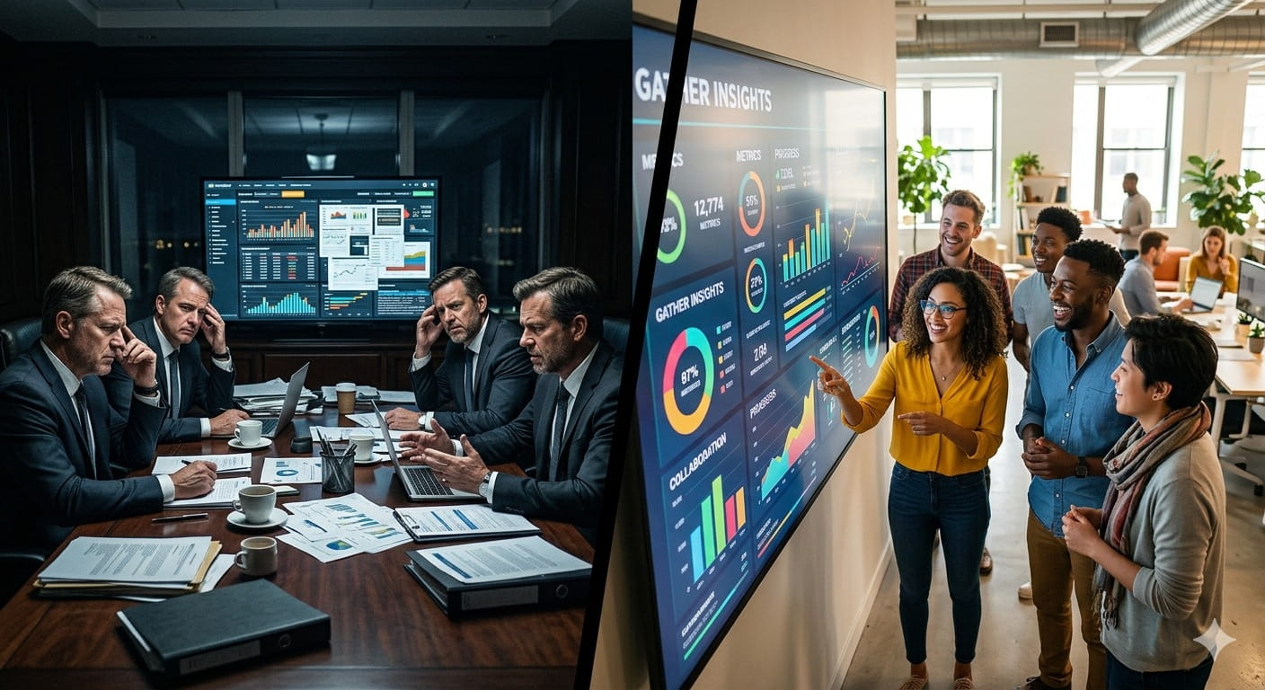 Split scene contrasting stressed executives reviewing complex dashboards with a collaborative team gathered around clear data insights